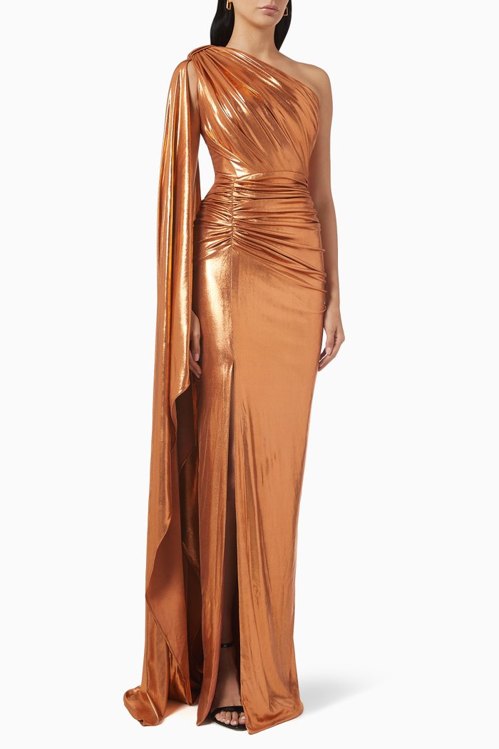 

Maxi Draped Dress in Shiny Fabric, Metallic