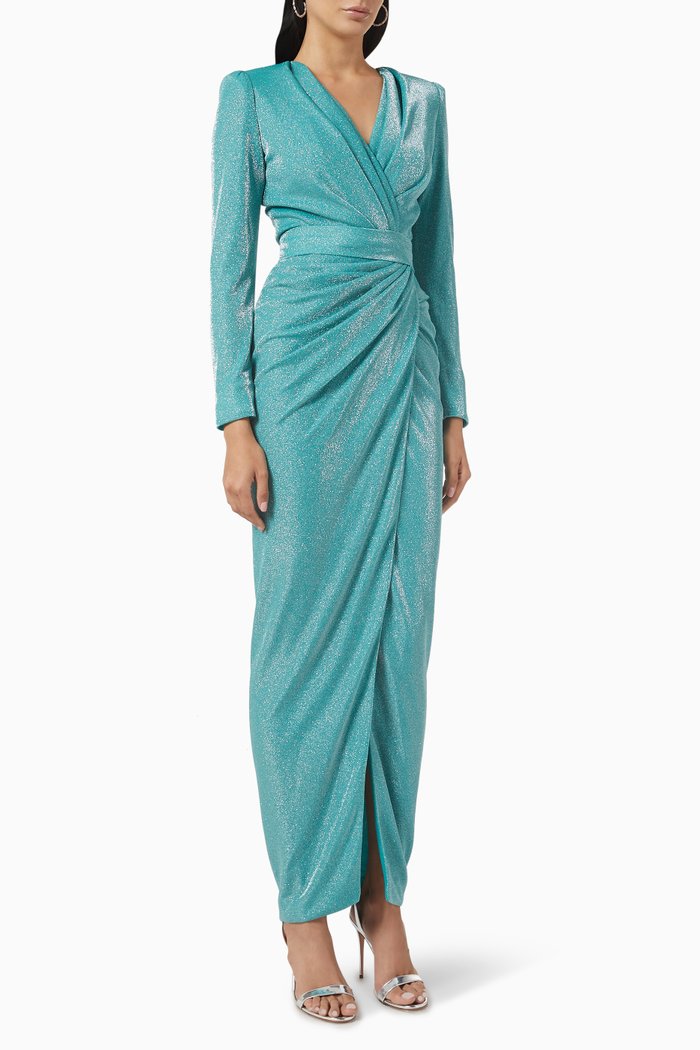 

V-Neckline Maxi Dress in Shiny Fabric, Blue