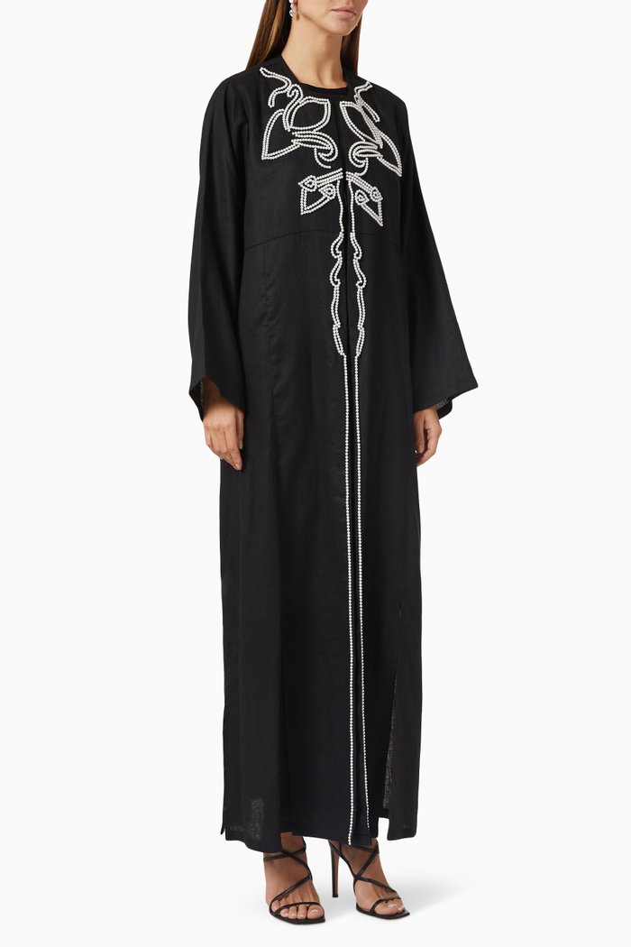 

Embellished Pearl Trim Abaya in Linen, Black