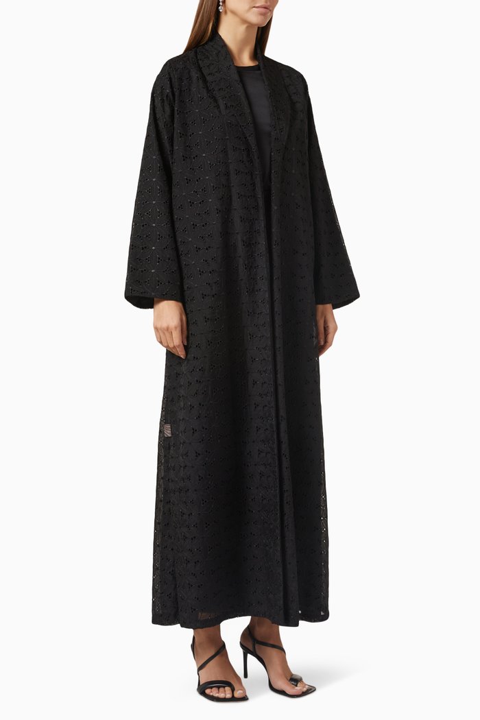 

Floral Shawl Collar Abaya in Textured Fabric, Black
