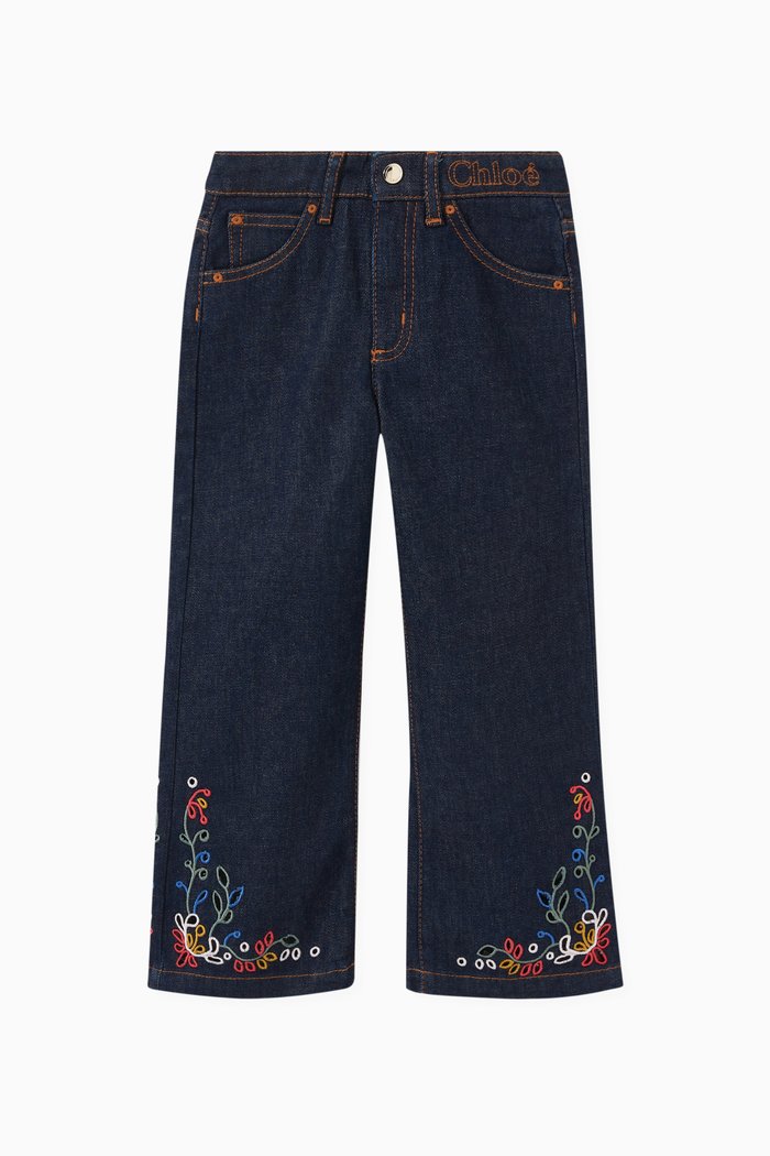

Floral Flared Jeans in Cotton, Blue