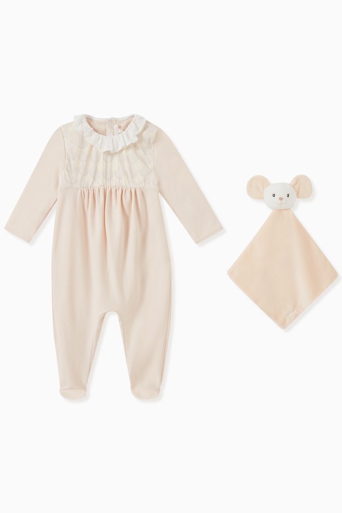 

Scallop Sleepsuit & Stuffed Mouse Set in Cotton, Pink