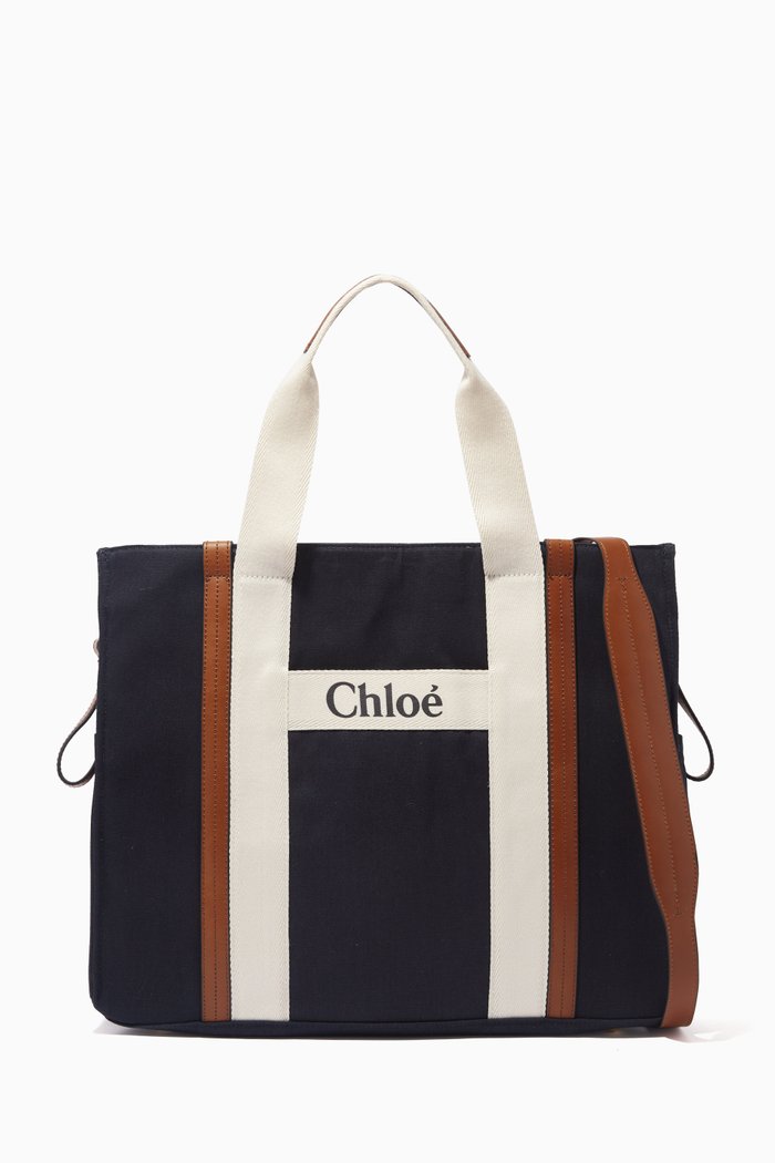 

Logo Changing Bag in Leather & Cotton, Blue