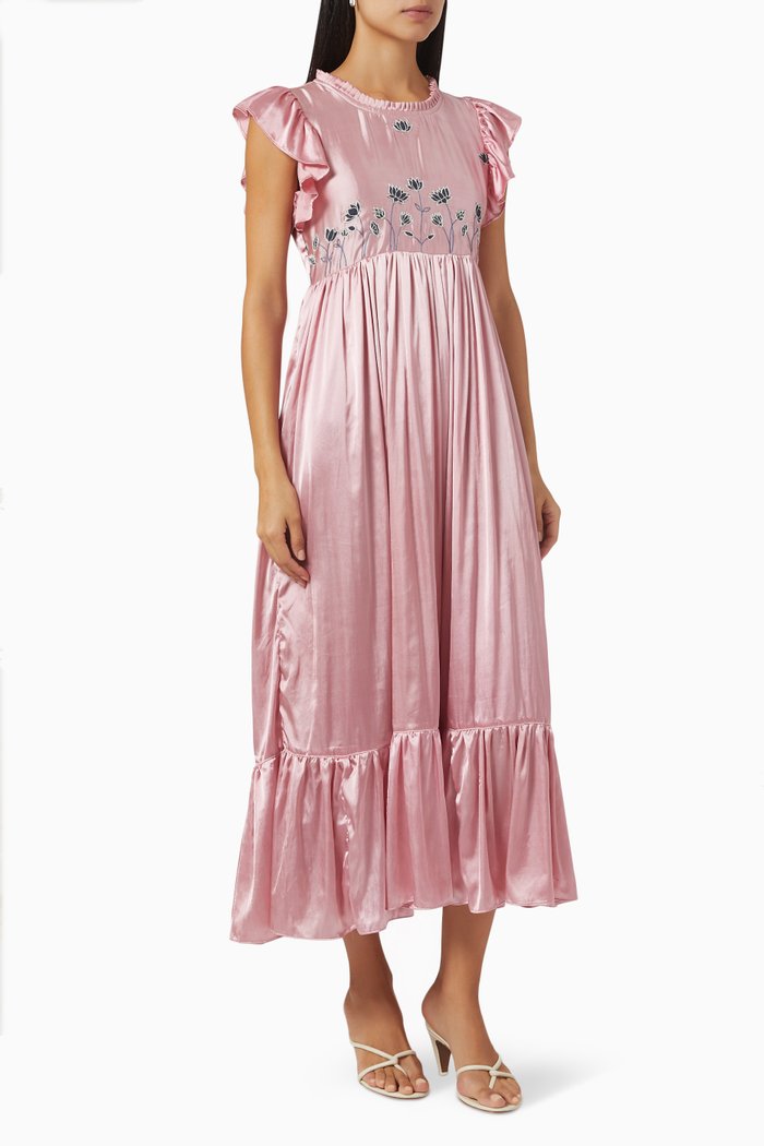 

Embroidered Flutter Sleeve Midi Dress in Modal Satin, Pink