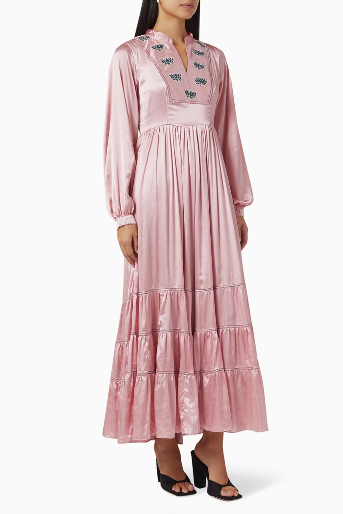 

Embroidered Tiered Maxi Dress in Modal Satin, Pink
