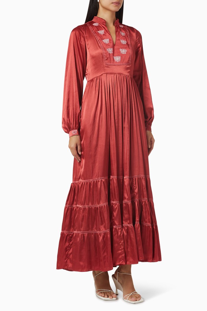 Embroidered Tiered Maxi Dress in Modal Satin, Red