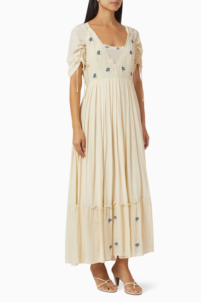 

Embroidered Drawstring Sleeve Maxi Dress in Silk, Neutral
