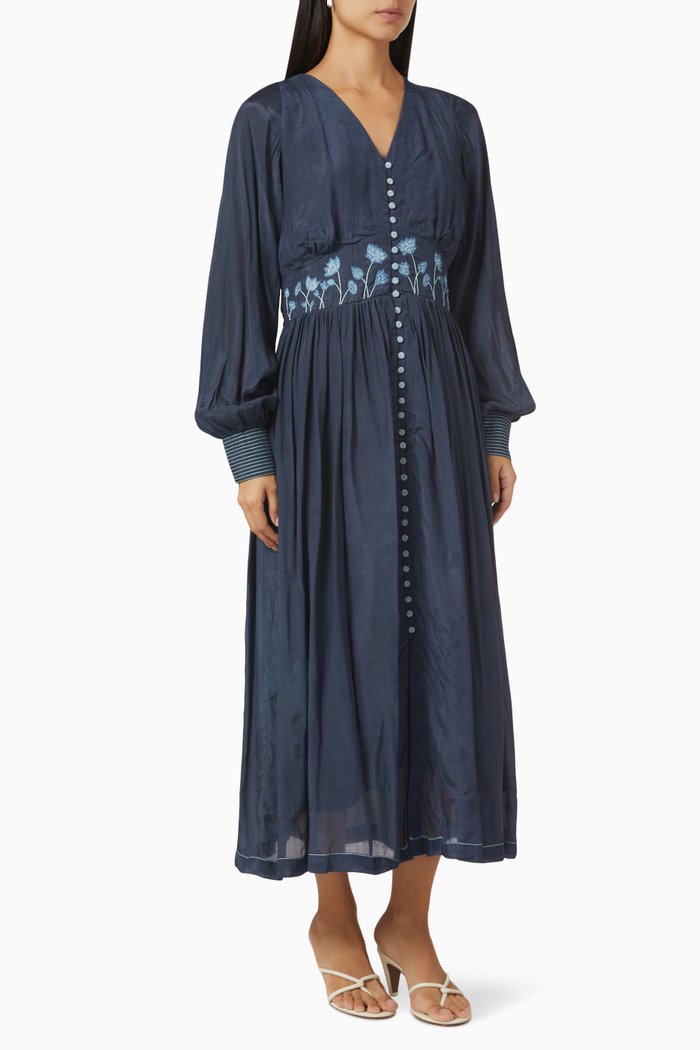 

Embroidered Midi Dress in Modal Silk, Blue