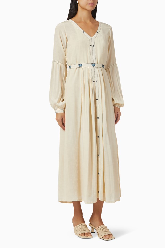 

Embroidered Balloon Sleeve Midi Dress in Silk, Neutral
