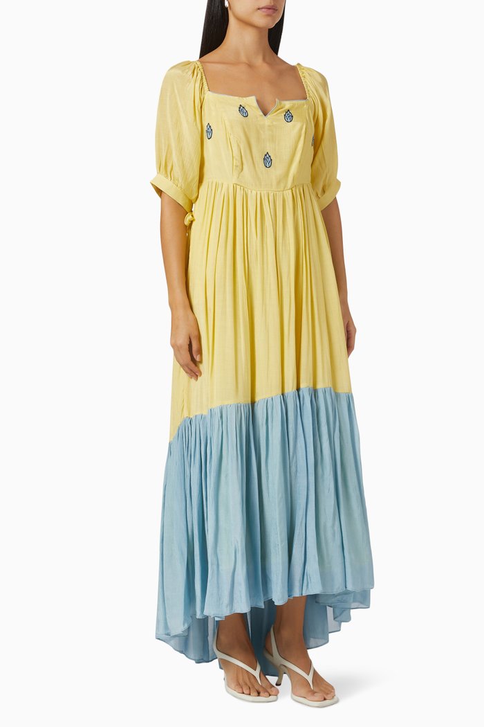

Colour-block Embroidered Maxi Dress in Silk, Yellow