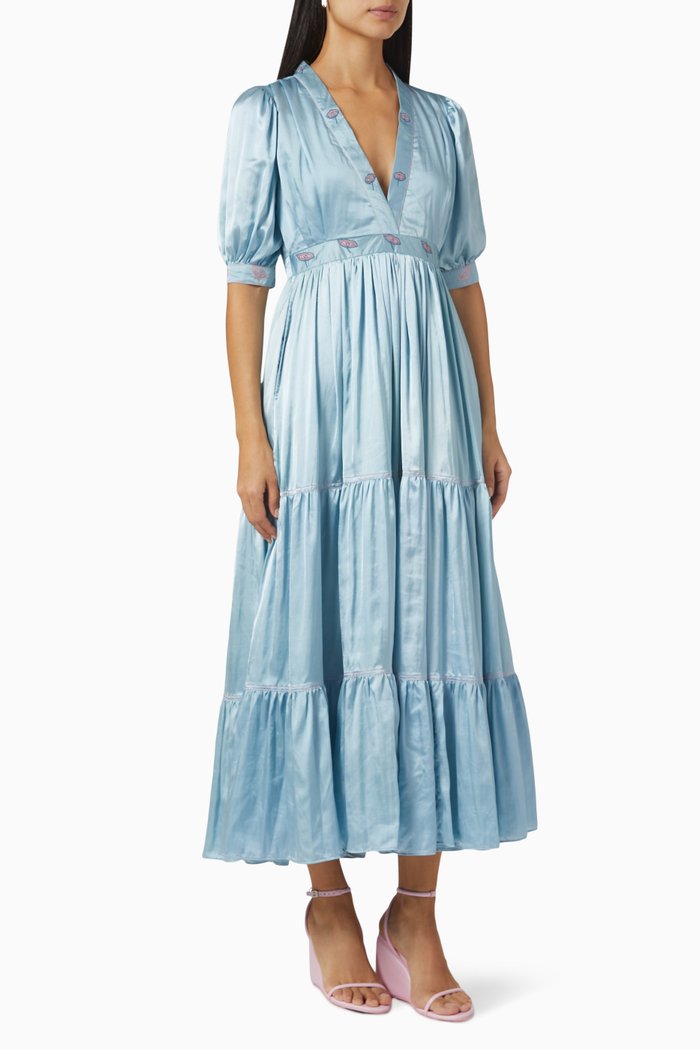 

V-neck Tiered Midi Dress in Modal Satin, Blue