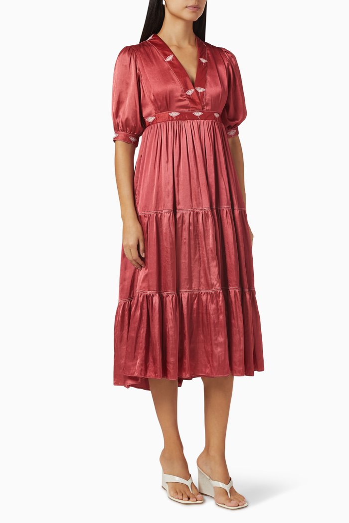

V-neck Tiered Midi Dress in Modal Satin, Red