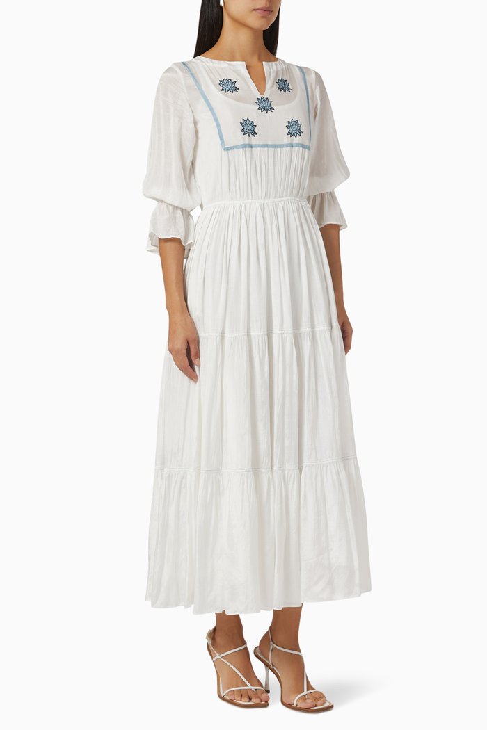 

Embroidered Tiered Midi Dress in Modal Silk, White