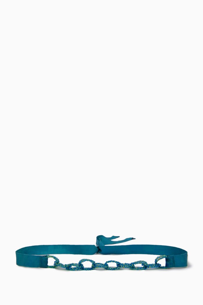 

Anguria Belt in Beaded Chain & Grosgrain Ribbon, Blue