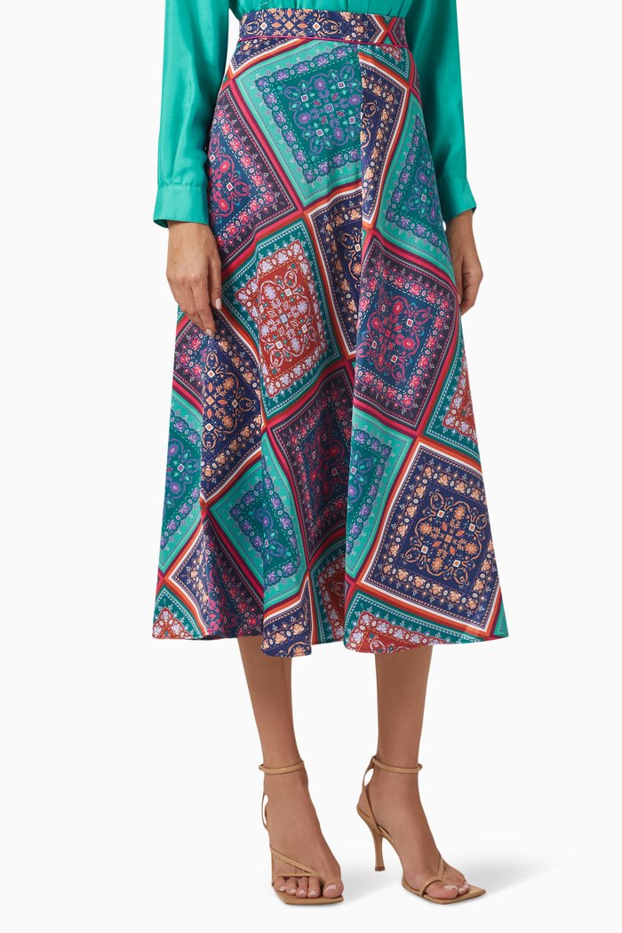 

Tuffo Printed Midi Skirt in Satin, Blue