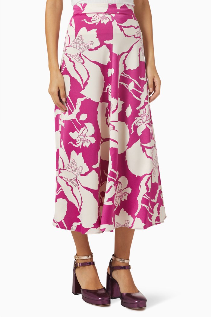 

Tuffo Printed Midi Skirt in Satin, Pink