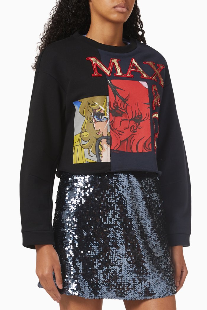 

Valois 'Lady Oscar' Patchwork Crop Sweatshirt in Cotton, Black