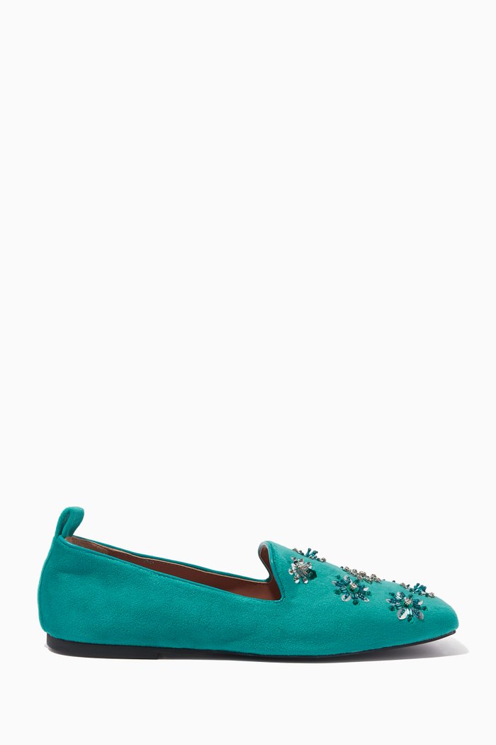 

Hall Embroidered Loafers in Velvet, Green