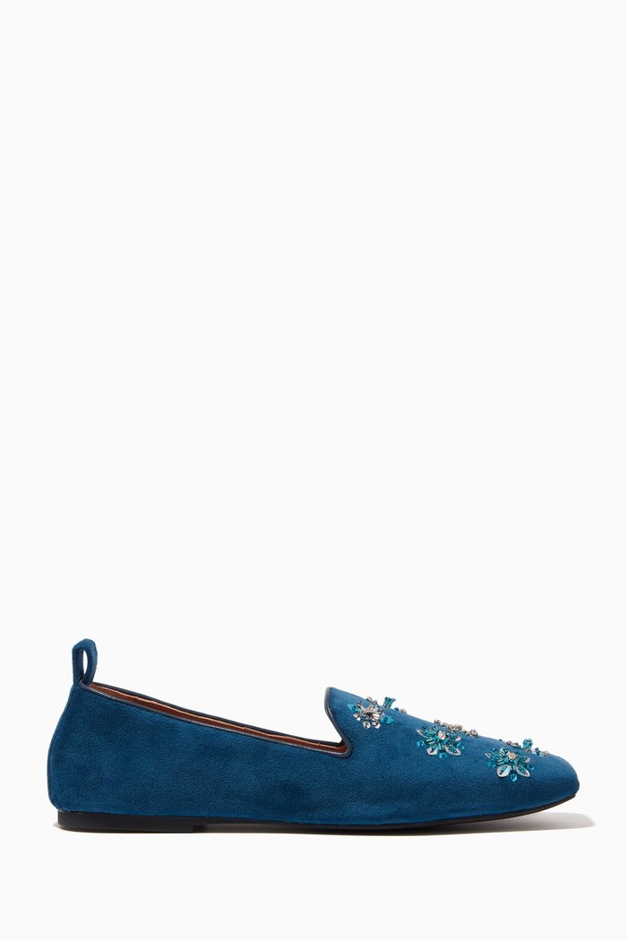 

Hall Embroidered Loafers in Velvet, Blue