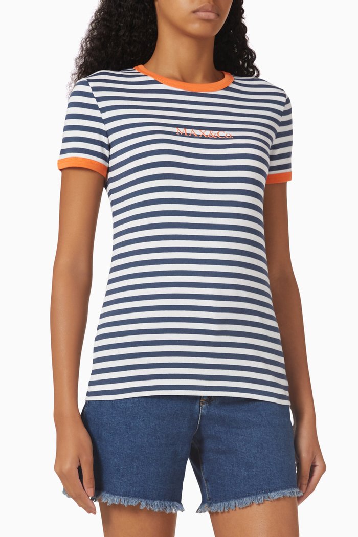 

Striped Logo Slim Fit T-shirt in Cotton Jersey, Blue