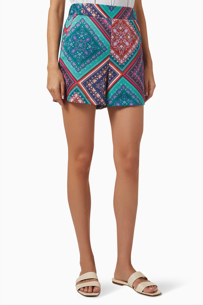 

Baccheo Printed Wide-leg Shorts in Satin, Blue