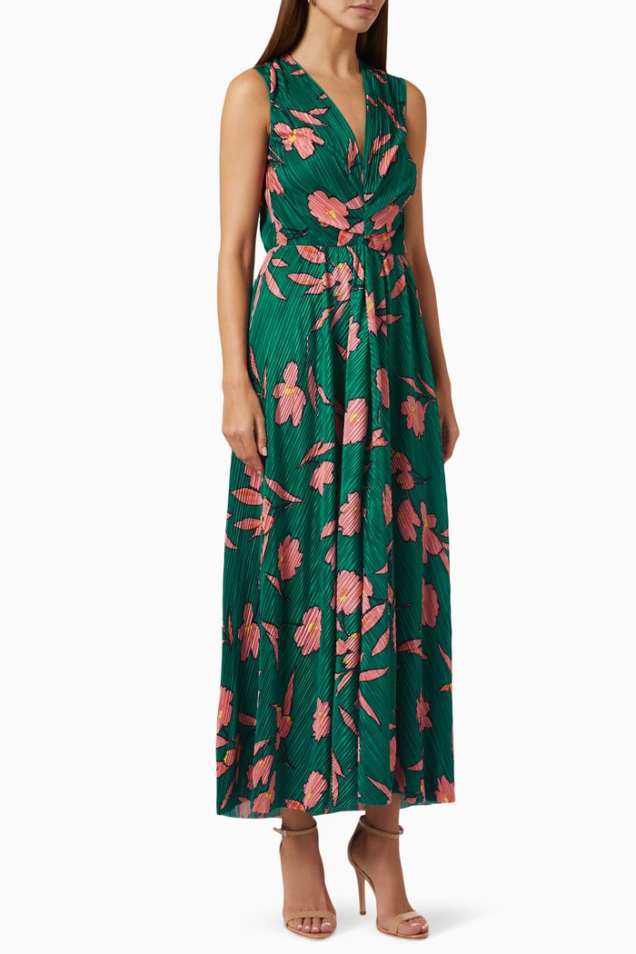 

Cruna Floral Pleated Maxi Dress in Jersey, Green