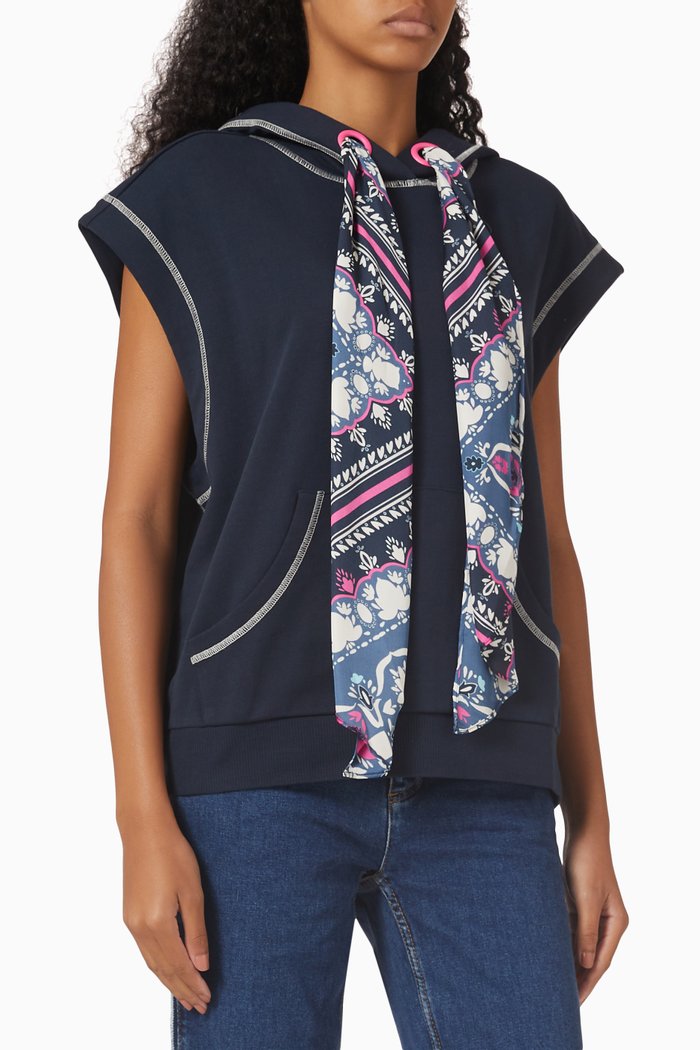 

Culla Printed Sash Sleeveless Hoodie in Fleece, Blue