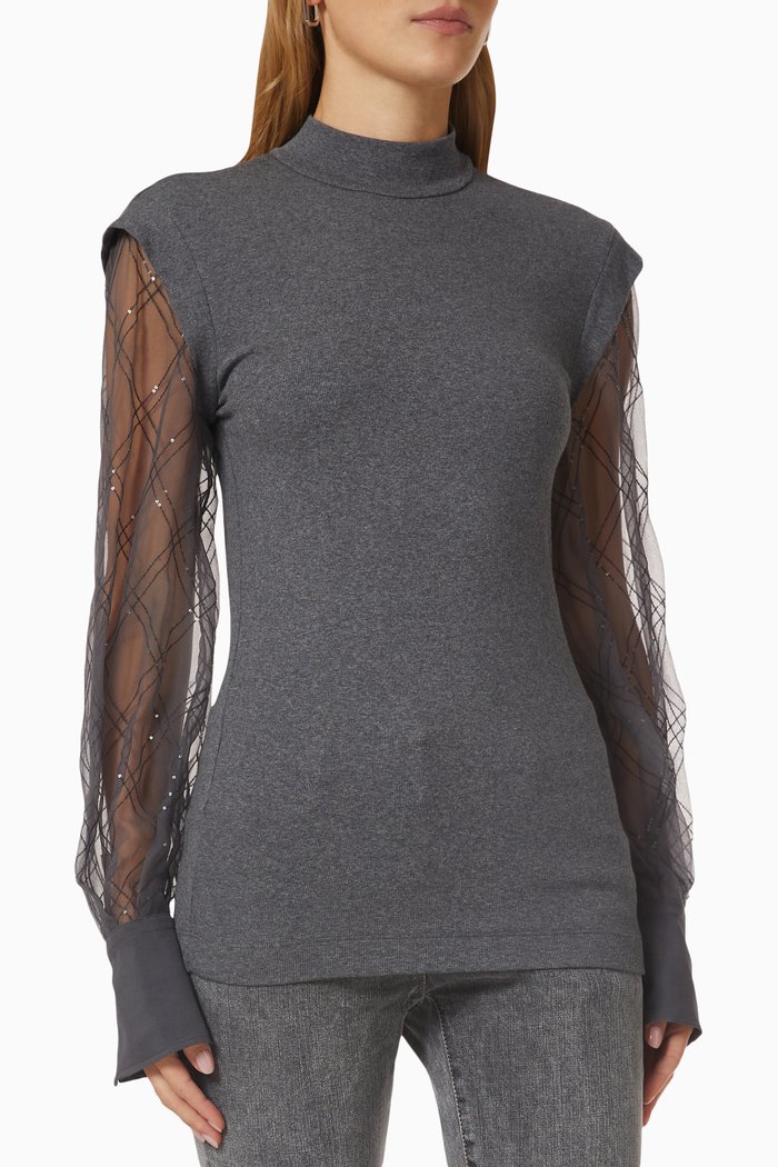 Sequin-embellished Turtleneck Top, Grey