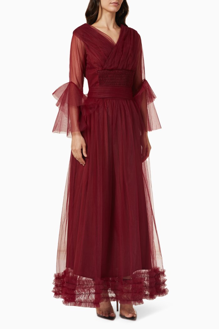 

Frilled Maxi Dress in Tulle, Burgundy