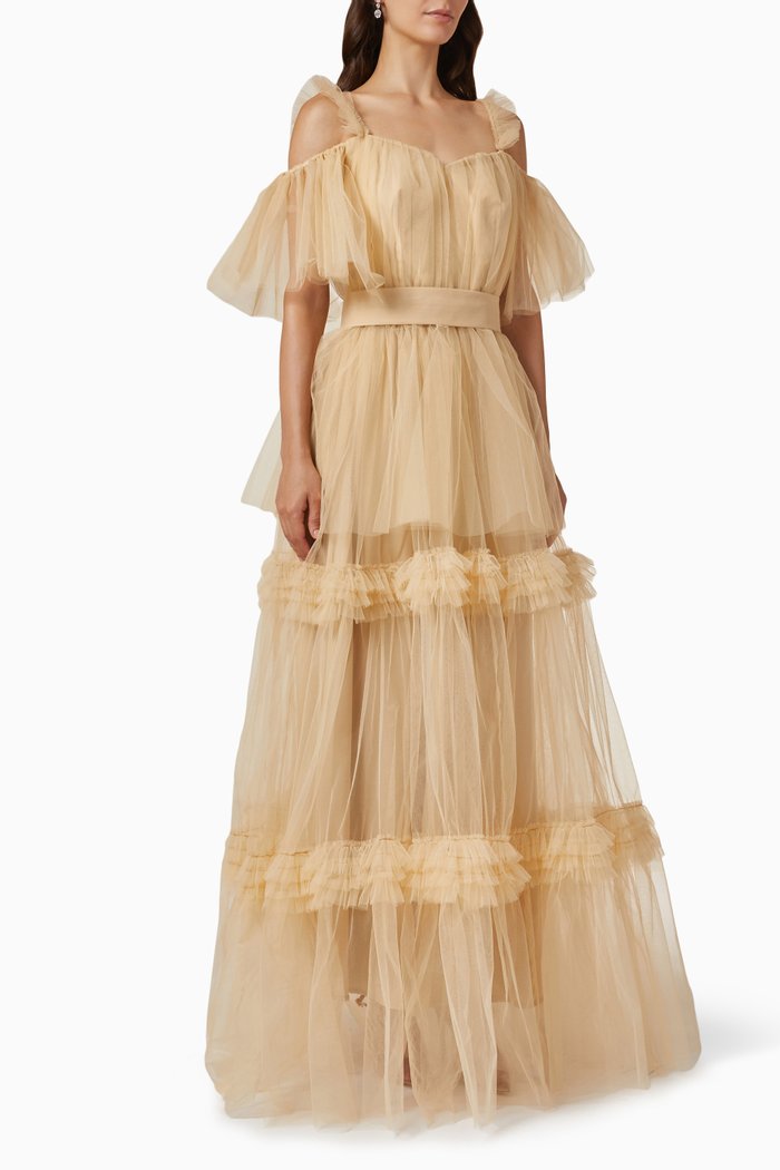 

Frill Tiered Maxi Dress in Tulle, Neutral