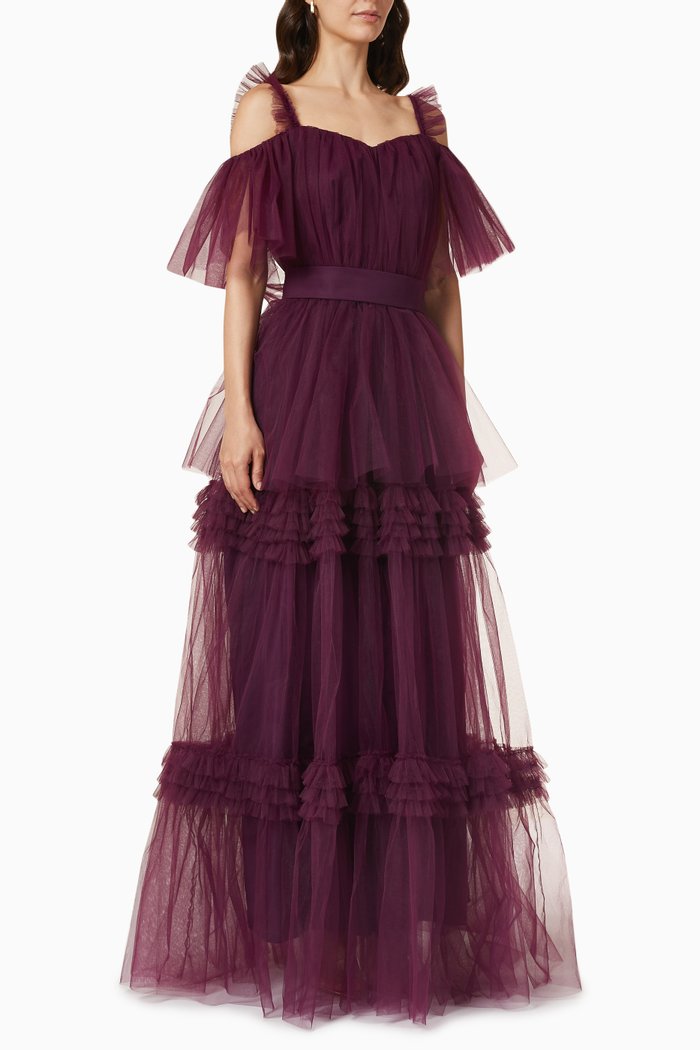 

Frill Tiered Maxi Dress in Tulle, Purple