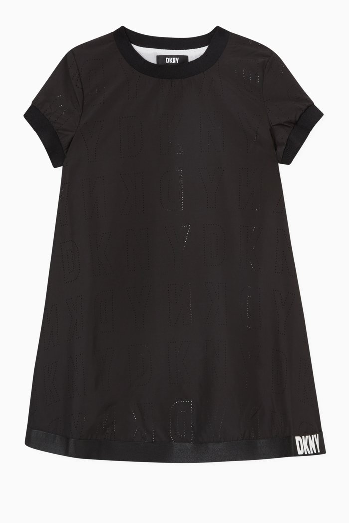

Perforated Logo Print Dress in Viscose, Black