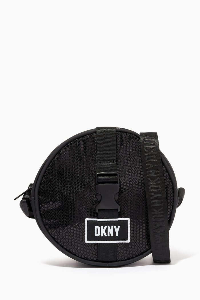 

Sequinned Circular Logo Bag in Faux Leather, Black