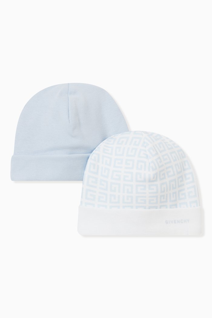 Monogram Beanie Hat Set in Cotton, Blue