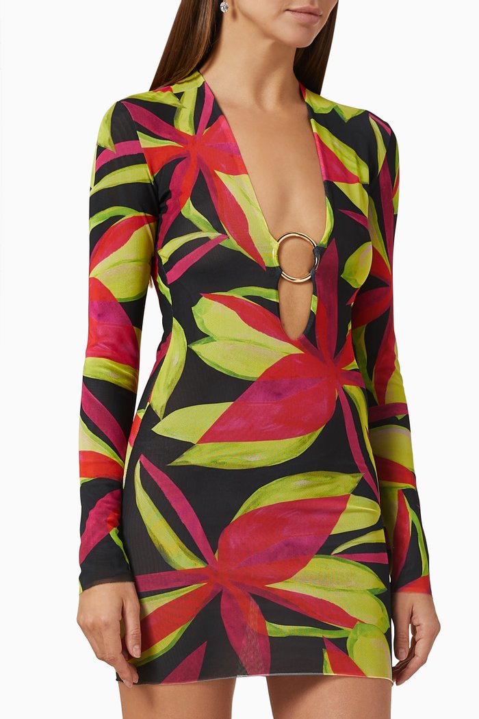 

Helios Floral Print Mini Dress in Stretch Mesh, Black