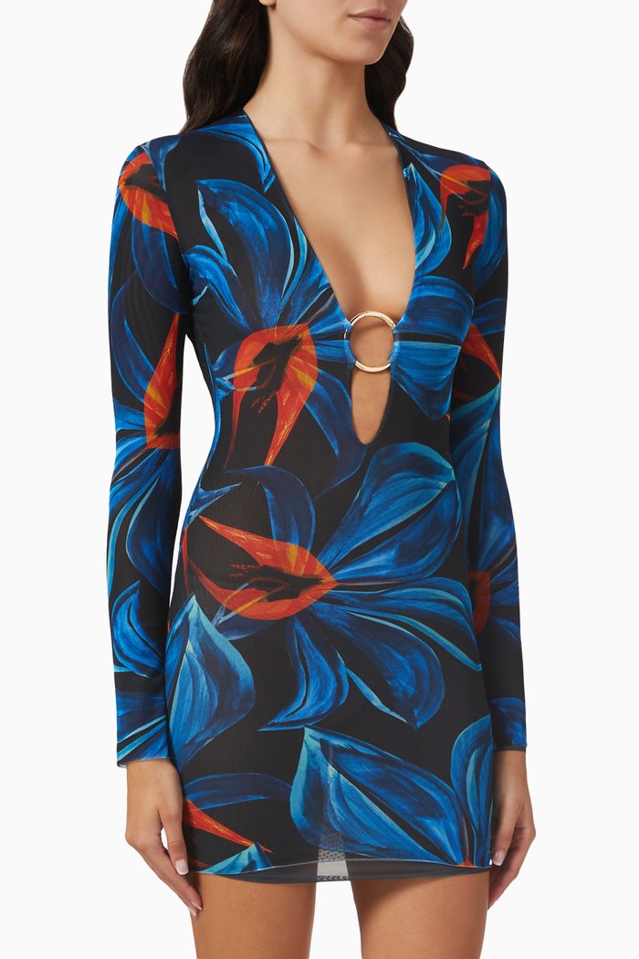 

Helios Floral Print Mini Dress in Stretch Mesh, Blue