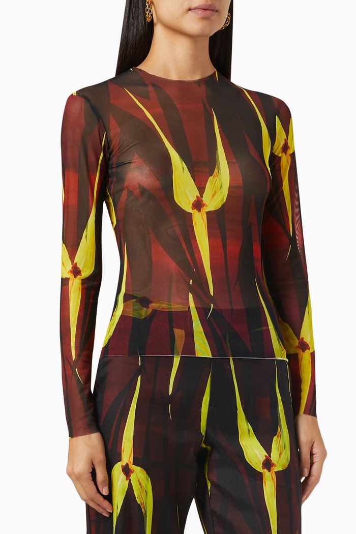 

Sheer Long Sleeve Top in Stretch Mesh, Brown