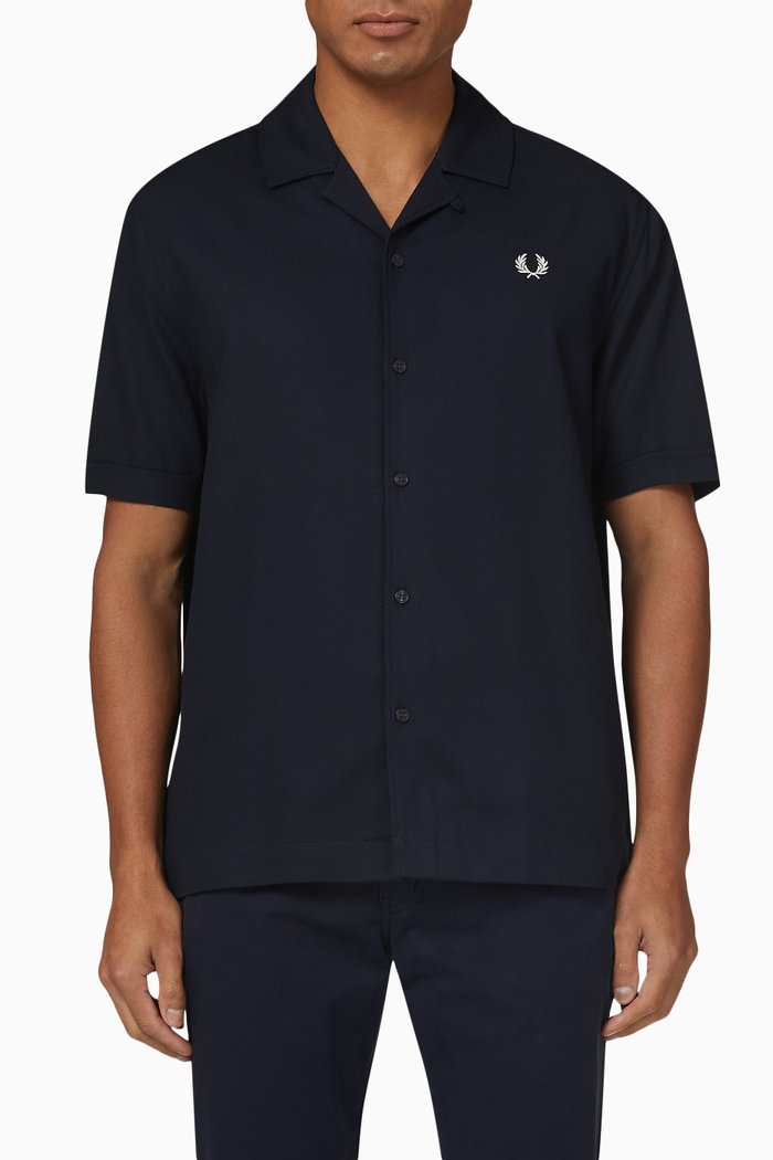 

Revere Collar Shirt in Textured Piqué, Blue
