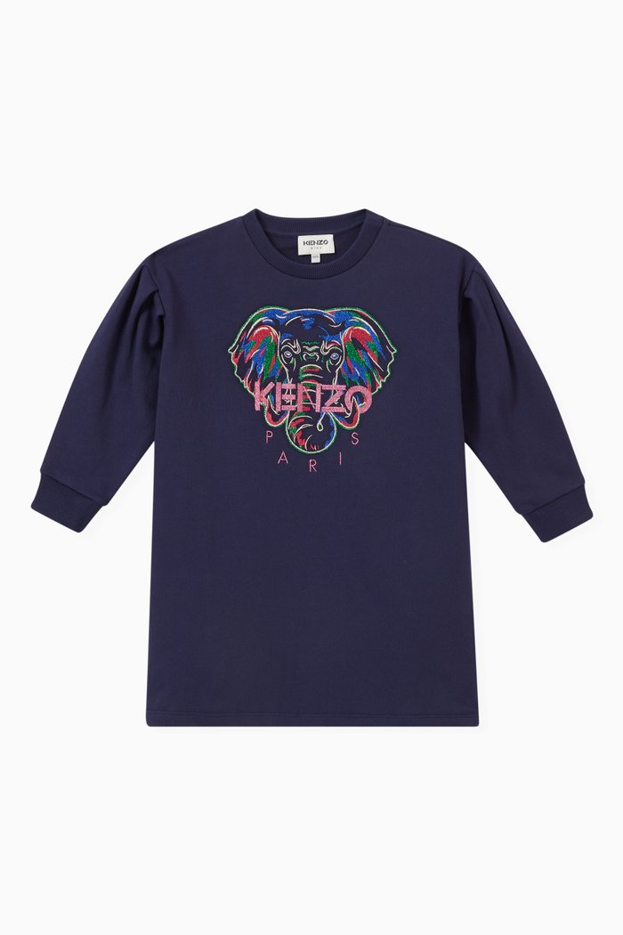 

Embroidered Elephant Dress in Cotton Jersey, Blue
