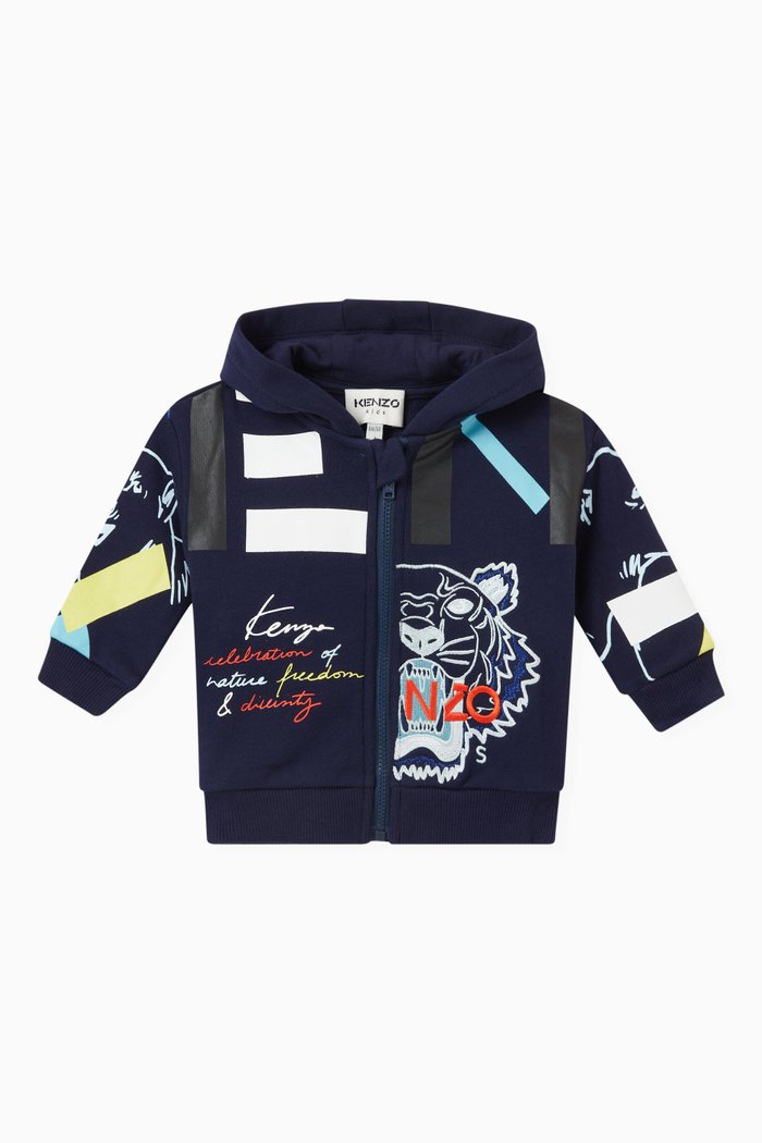 

Tiger Logo Hoodie in Cotton Jersey, Blue