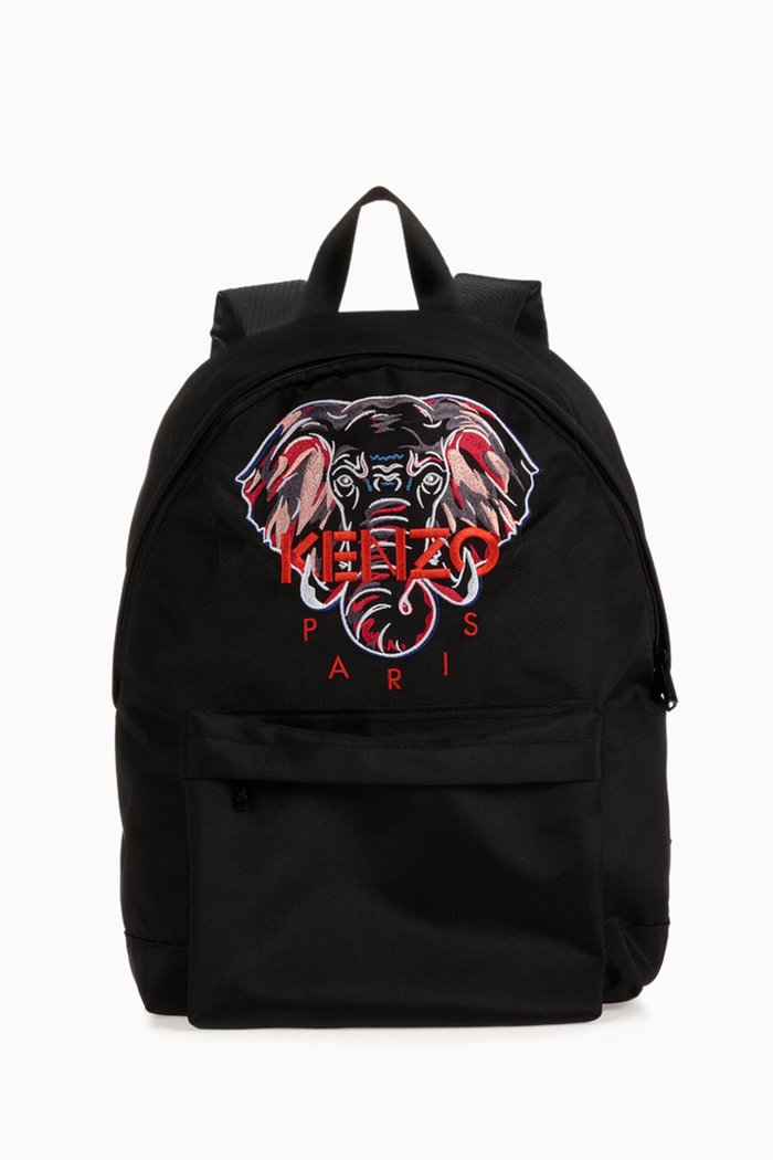 

Elephant Embroidered Backpack in Technical Fabric, Black