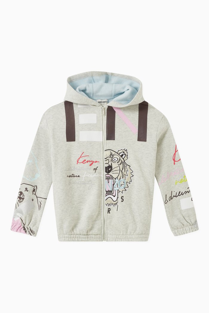Logo Print Hoodie in Cotton, Grey