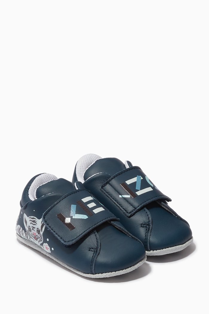 

Tiger Print Sneakers in Leather, Blue