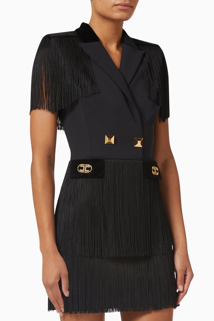 

Fringed Mini Dress in Crepe Fabric, Black