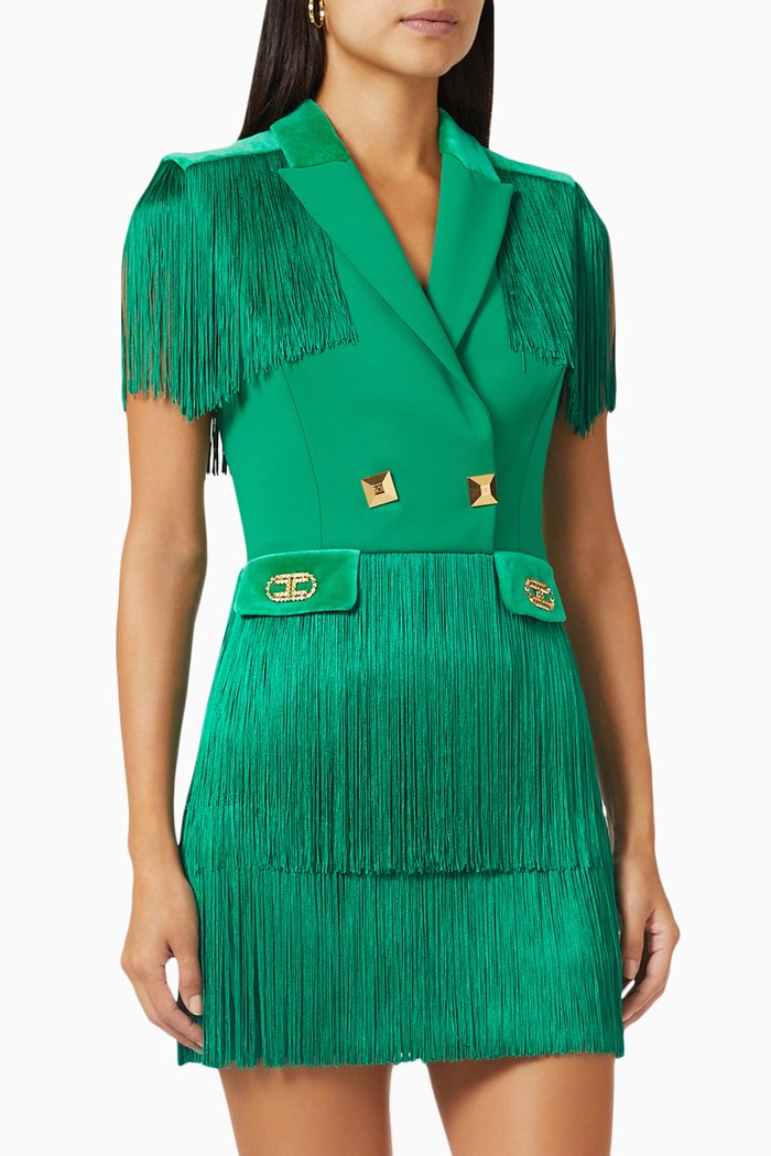 

Fringed Mini Dress in Crepe Fabric, Green