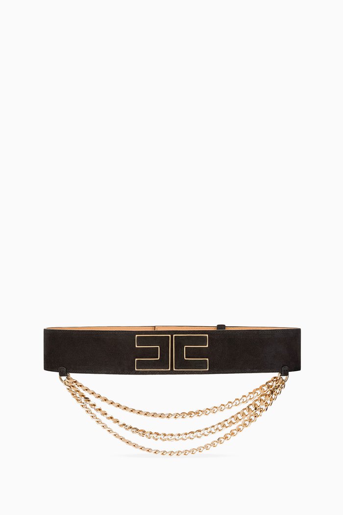 Logo High-waist Chain Belt in Suede, Black