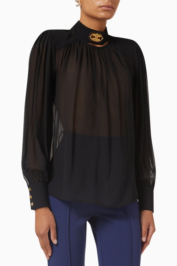

High Collared Blouse in Silk, Black
