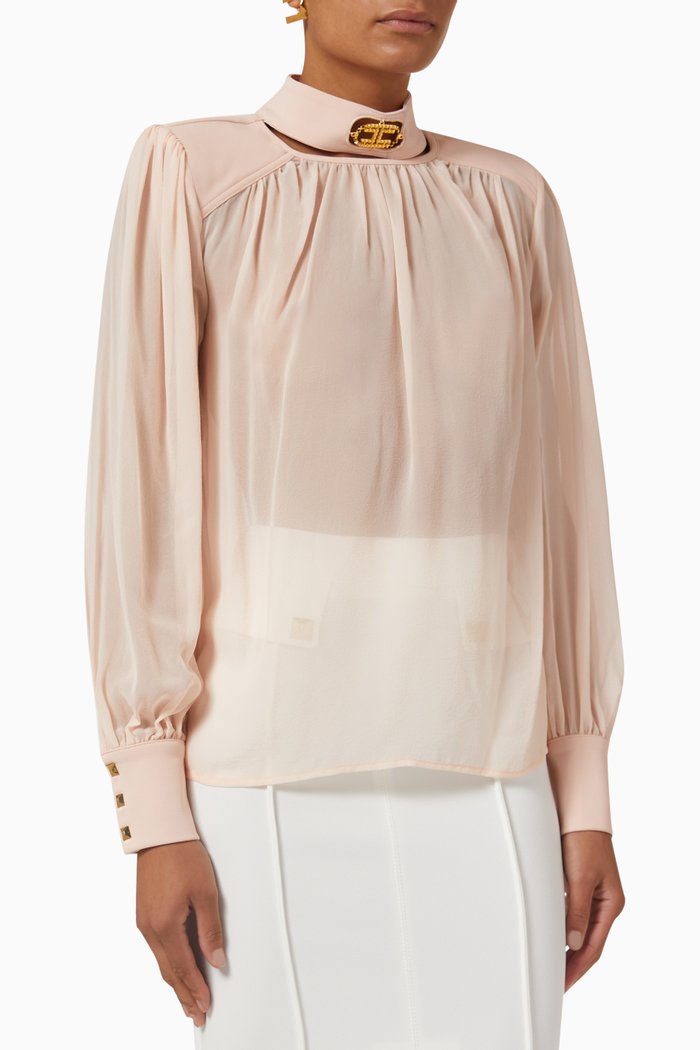 

High Collared Blouse in Silk, Pink