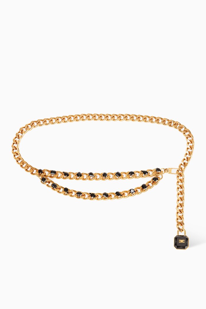 

High-waist Rhinestones Chain Belt in Metal, Black