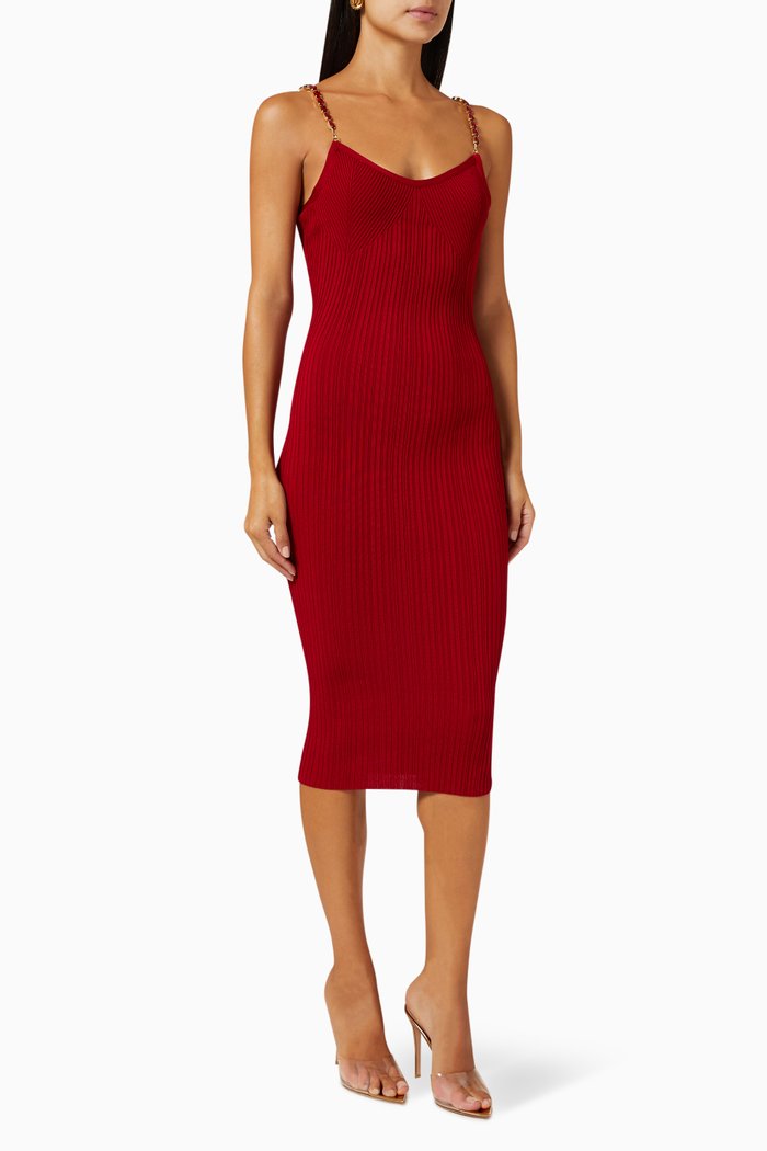 

Embellished Midi Dress in Viscose Knit, Red